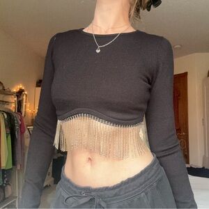 SOLD forever 21 black rhinestone fringe cropped sweater